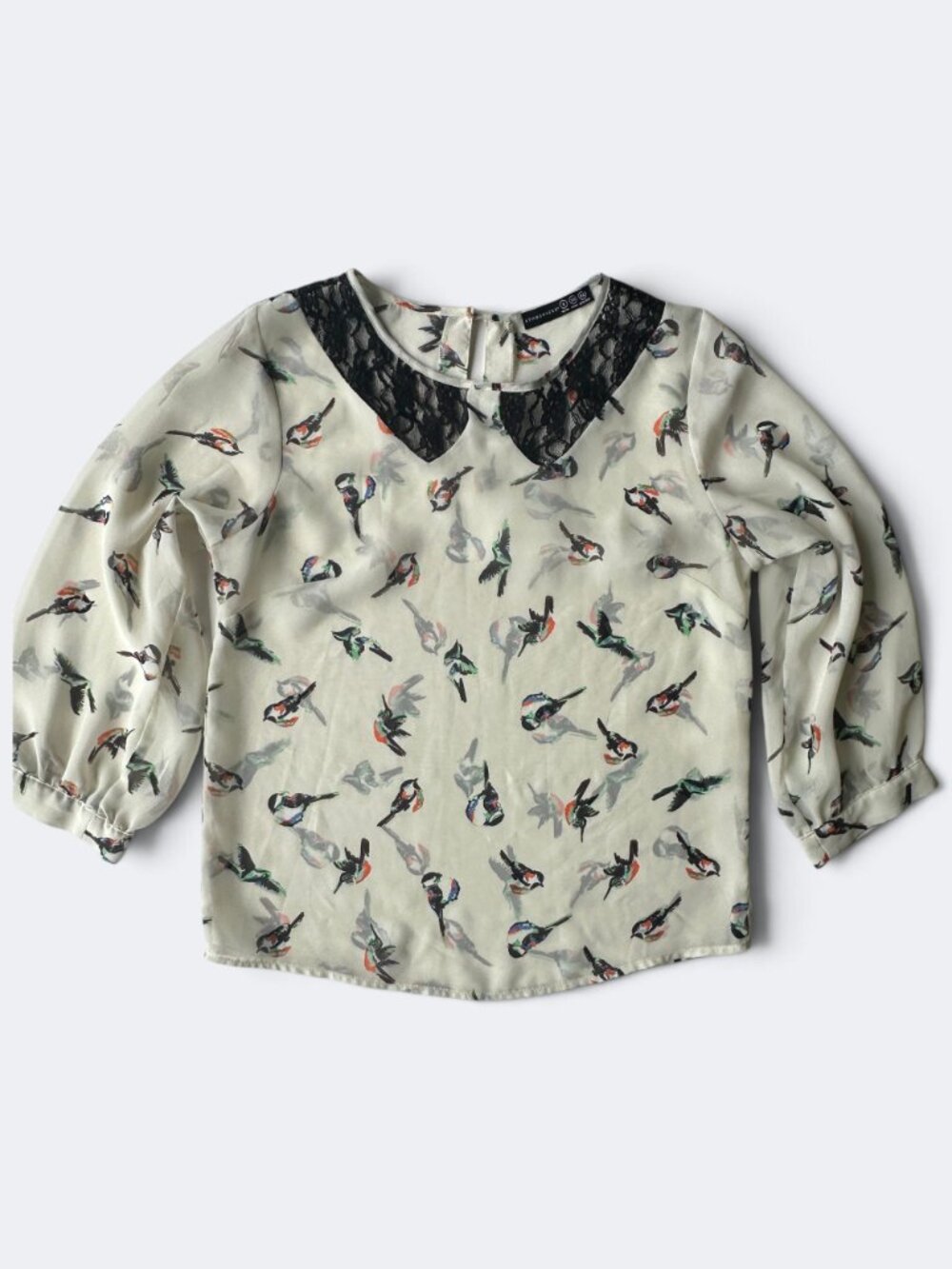 Atmosphere Sheer Bird Print Blouse Lace Cutout Collar 3/4 Sleeve Size 6